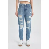 Defacto Mom Fit Ripped Detail High Waist Ankle Length Jean Washed Trousers