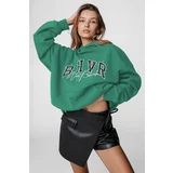 Madmext Mad Girls Aqua Green Embroidered Hoodie Sweatshirt Mg812