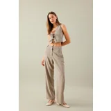 Defacto Straight Fit Pocket High Waist Wide Leg Long Linen Blend Trousers