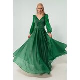 Lafaba Women's Emerald Green Double Breasted Neck Silvery Long Flared Evening Dress | Shoptok.si