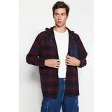 Trendyol Navy Blue Men's Oversize Fit Hoodie and Checkered Shirt.