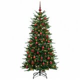  Umjetno božićno drvce s nogom 150 cm 150 LED lampica - Zelena 150 cm s LED-ima i crvenim lopticama | shoptok.hr