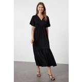  Black Plain Maxi Double Breasted Skirt Ruffle Textured Short Sleeve Flexible Knitted Maxi Dress Knit Dress | Shoptok.si