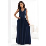 Numoco 215-6 LEA long elegant maxi dress with lace top and slit on the leg - navy blue Cijene