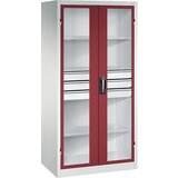 C+P Omara s krilnimi vrati z akrilnim steklom, VxŠxG 1950 x 930 x 600 mm, 3 police, 3 predali, svetlo sive / rubinasto rdeče barve | Shoptok.si