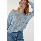  Women's Sky Blue Boat Neck Seasonal Openwork Knitwear Sweater | shoptok.hr