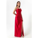 Lafaba Women's Red Underwire Corset Detailed Long Slit Evening Dress. Cene