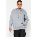 Trendyol Gray Melange Thick Fleece Inside Oversize/Wide Fit Hoodie Basic Knitted Sweatshirt Cene