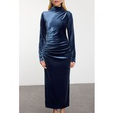 Trendyol Indigo Straight Ruffle/Drape Detailed High Collar Midi Bodycone/Fitting Knitted Dress | Shoptok.si