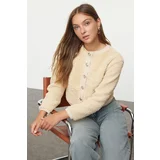 Trendyol Stone Gold Buttoned Plush Crop Knitted Cardigan