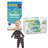 Pampers Pelene Active baby 4, MB, 9-14 kg, 132/1+Vlažne maramice Harmonie, 3x48 komada+DeFacto Pidžama za dečake, Tamnosiva Cene