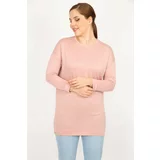Şans Women's Plus Size Pink Crew Neck Long Sleeve Viscose Blouse