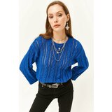 Olalook Women's Saxe Blue Hair Braided Openwork Knitwear Sweater Cene