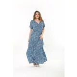 Şans Women's Plus Size Blue Wrapover Neck Long Dress