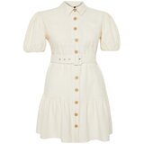 Trendyol Curve Beige High Neck Linen Shirt Dress | Shoptok.si