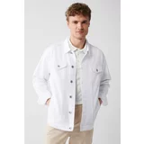 Avva Men's White Washed 100% Cotton Comfort Fit Denim Coat