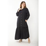 Şans Women's Plus Size Black Woven Viscose Fabric Front Length Buttoned Hem Tiered Dress Cene