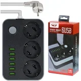 Električni razdelilec 3 vtičnice 230V 6x USB polnilec 3,4A črn 2m, (20385871)