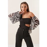 By Saygı Zebra Patterned Tulle Sleeves Asymmetrical Cut Lycra Bodysuit Black | shoptok.hr