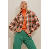 Trend Alaçatı Stili Women's Orange Patterned Zippered Seasonal Bomber Jacket with Elastic Waist