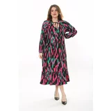 Şans Women's Plus Size Colorful V-Neck Crepe Fabric Long Sleeve Layered Dress