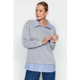 Trendyol Gray Melange Shirt Collar with Poplin Detail Thick Fleece Inside Regular Fit Knitted Sweatshirt Cene