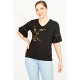 Şans Women's Black Plus Size V-Neck Blouse With Embroidery Front And Lace Detailed Sleeves cene