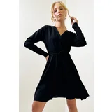 Trend Alaçatı Stili Women's Black Double Breasted Belted Flared Crepe Knit Dress