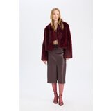 Defacto High Waist Combed Cotton Lined Slit Midi Faux Leather Burgundy Pencil Skirt | Eponuda.ba