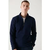 Avva Men's Navy Blue High Neck Pocket Detailed Half Zipper Standard Fit Regular Fit Fleece Sweatshirt