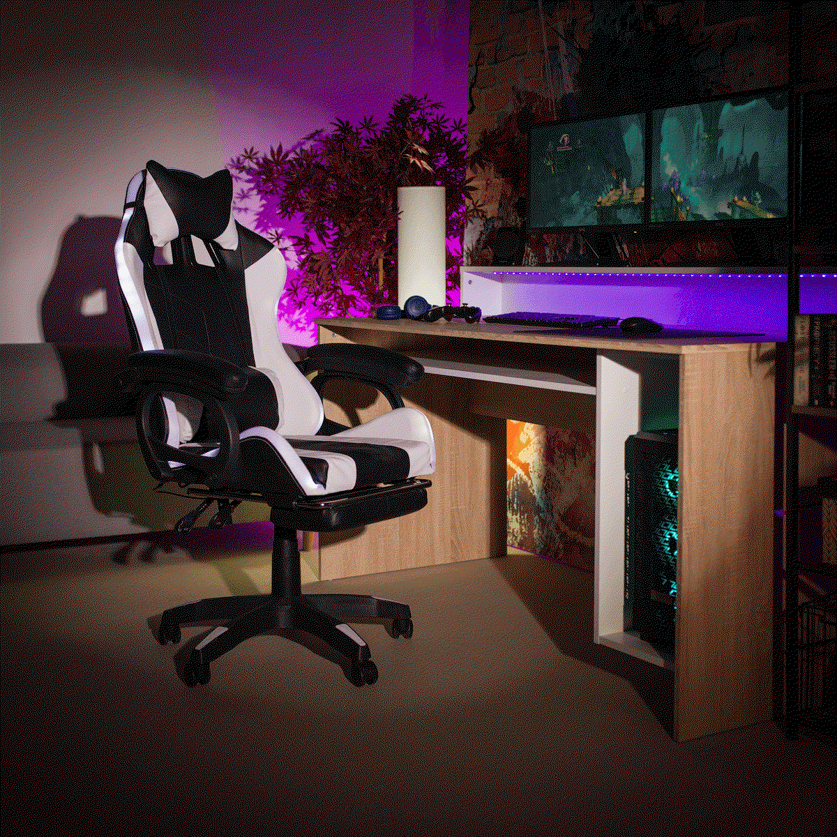Kondela Pisarniški/igralni stol z RGB LED osvetlitvijo, črno/belo, JOVELA | Shoptok.si