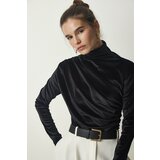 Happiness İstanbul women's black gathered collar elegant velvet blouse Cene