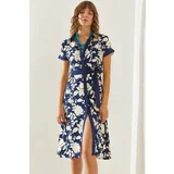 Bianco Lucci Women's Leaf Patterned Belted Buttoned Midi Dress 2455