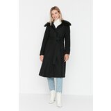 Trendyol Black Collar Furry Belted Long Coat Cene