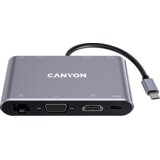 Canyon  8 in 1 USB C hub, with 1*HDMI: 4K*30Hz, 1*VGA, 1*Type-C PD charging port, Max 100W PD input. 3*USB3.0,transfer speed up to 5Gbps. 1*Glgabit Ethernet, 1*3.5mm audio jack, cable 15cm, Aluminum alloy housing,95*55*17.6 mm, 107g, Dark grey - CNS-TDS14 | Shoptok.si