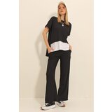 Trend Alaçatı Stili Women's Black Crew Neck Skirt Garnished Blouse and Palazzo Trousers Double Crinkle Suit Cene