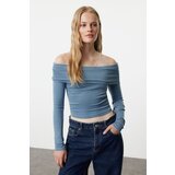 Trendyol Indigo Carmen Collar Crop/Short Stretchy Knitted Blouse cene