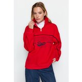 Trendyol Red Zipper Printed Oversized Thick Fleece Inside Knitted Sweatshirt Cene