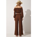  Women's Brown Carmen Collar Crop Blouse, Pants Linen Suit | Eponuda.ba