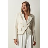  Women's Ecru Asymmetrical Detailed Crop Tweed Jacket | Shoptok.si