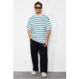 Trendyol men's green oversize embroidered striped 100% cotton t-shirt cene
