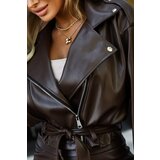 numoco basic 626-4 Soft eco-leather biker jacket with a belt and asymmetrical zipper - brown | shoptok.hr
