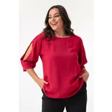 Lafaba Women's Red Crewneck Poor Sleeve Plus Size Blouse