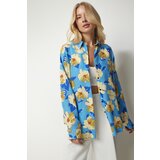  Women's Blue Yellow Patterned Oversize Flowy Viscose Shirt | Shoptok.si