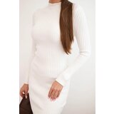 Kesi Włoski Women's ribbed viscose dress with long sleeves and a collar ecru | shoptok.hr