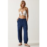  Women's Navy Blue Embroidery Detail Muslin Trousers | shoptok.hr