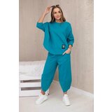 Fasardi Loose women's set of trousers and blue-green sweatshirt cene