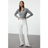 Trendyol Ecru Straight/Straight Cut High Waist Ribbed Stitched Woven Trousers