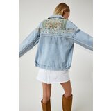 Happiness İstanbul Women's Light Blue Chain And Embroidery Detail Denim Jacket cene