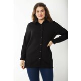 Şans Women's Plus Size Black Self Striped Long Sleeve Shirt with Metal Button Cene